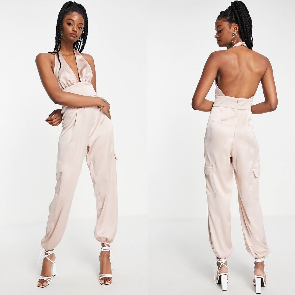 Miss Selfridge Champagne Satin Halter Cargo Jumpsuit